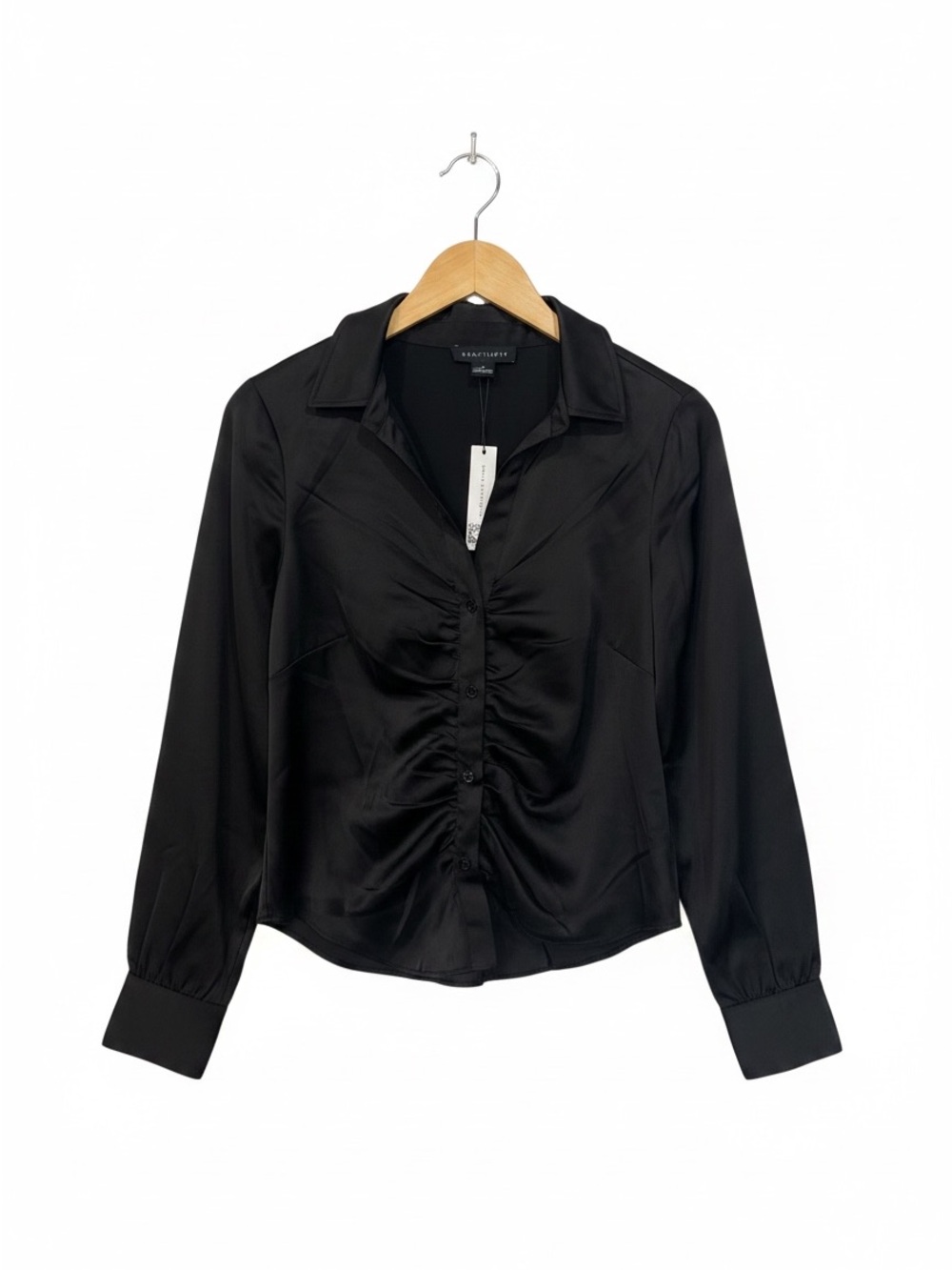 sanctuary black time to shine ruched satin long sleeve top